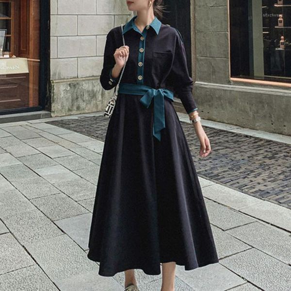 

korean women dress retro long-sleeved waist thin and temperament contrast color fashion mid-length dress1, Black;gray
