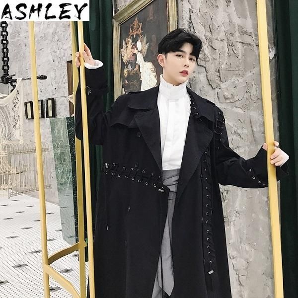 

fashion trench luxury coat mens patchwork unique drawstring long windbreaker male stitching casual loose outwear clothes, Tan;black