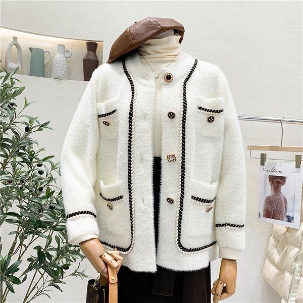 

new autumn winter faux mink cashmere women cardigan long sleeve single-breasted coat fashion chic buttons high-end ladies jacket1, Black;brown