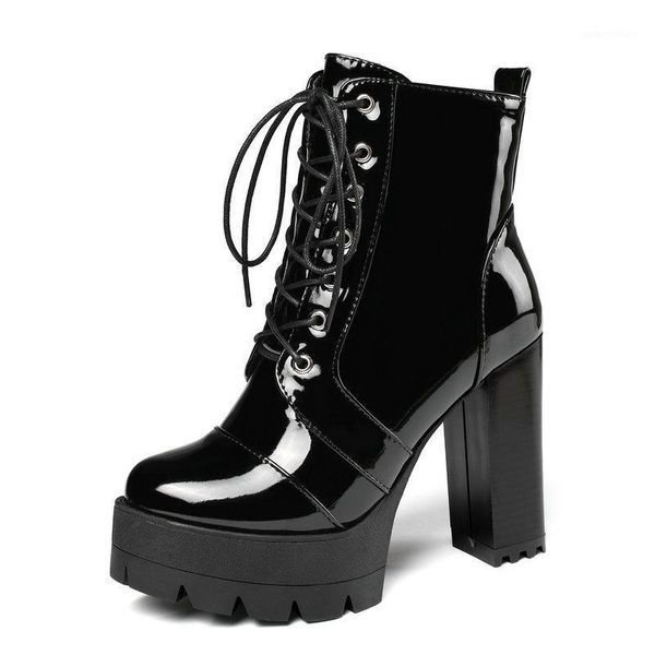 

boots 2021 women fashion platform square high heel ankle patent leather autumn winter plush woman1, Black