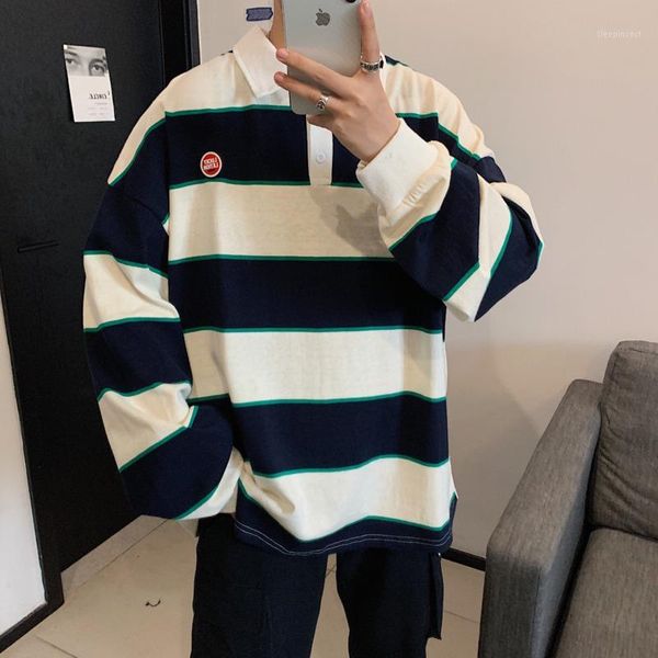 

2019 autumn new korean version of the loose couple men's large size striped casual lapel harajuku sports pullover1, Black