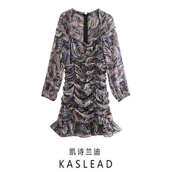 

women's new fall v-neck pleated 2020 paisley print dress 00097230330, Black;gray