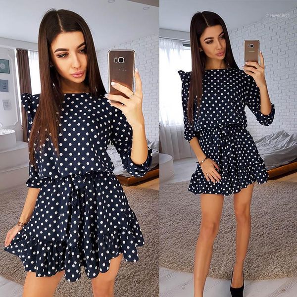 

sweet cute ruffle trim dot print dress women fashion sashes 3/4 sleeves round neck casual autumn dress girls a line mini dresses1, Black;gray