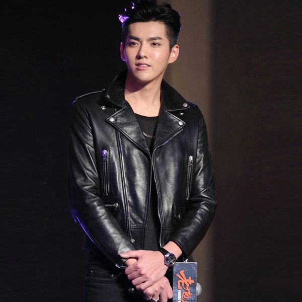 

men's leather & faux wu queer star in haining slp youth wind jacket, Black