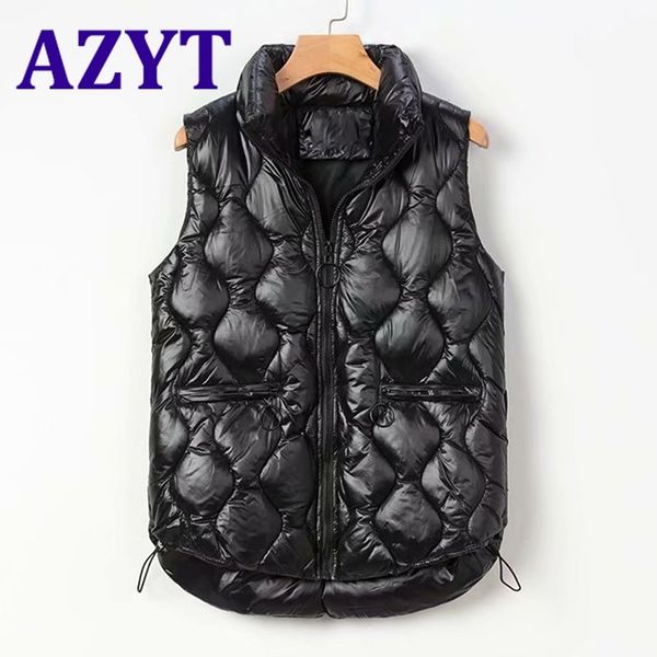 

azyt new down cotton vest for women zipper pockets loose winter warm sleeveless jacket elegant ladys thicken vest coat 201028, Black;white
