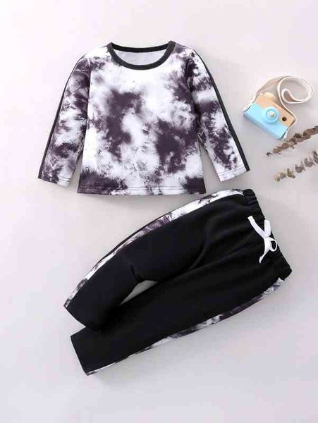 

baby tie dye contrast side seam tee & knot front pants she, White