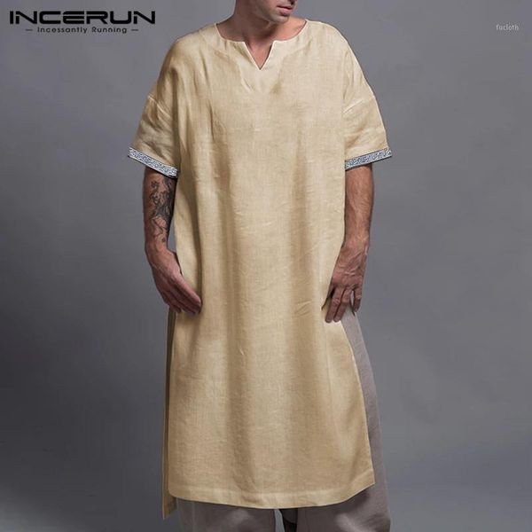 

men islamic arabic kaftan patchwork muslim cotton short sleeve vintage v neck jubba thobe dubai abaya men clothes incerun s-5xl1, Red