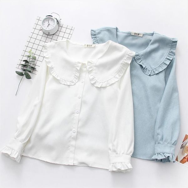 

korean new 2019 spring women shirt girl cute sweet ruffles peter pan collar solid color casual blouse shirt female pz2000, White
