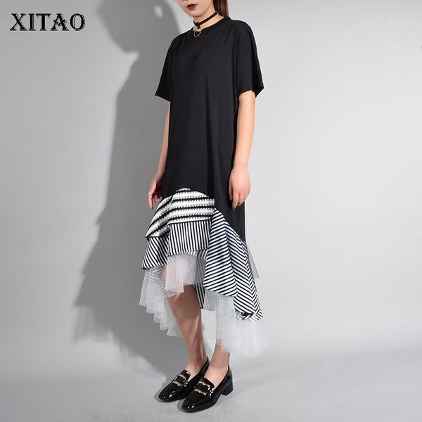 

xitao] 2020 summer europe fashion female o-neck pullover striped ruffles loose dress women short sleeve mid-calf dress lq0461, White;black