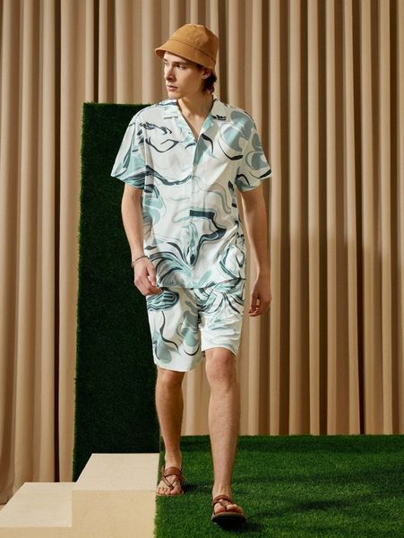 

men marble print button front shirt z98h#, White;black