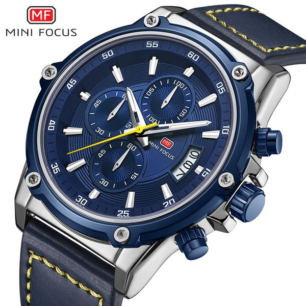 

mini focus new fashion quartz watch men waterproof leather strap chronograph male wristwatch sport mens watches brand luxury, Slivery;brown