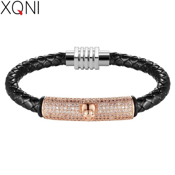 

xqni latest 4 colors magnetic clasp fashion micro pave cubic zircon genuine punk man leather bracelet skull for men wmtozp, Bronze;silver