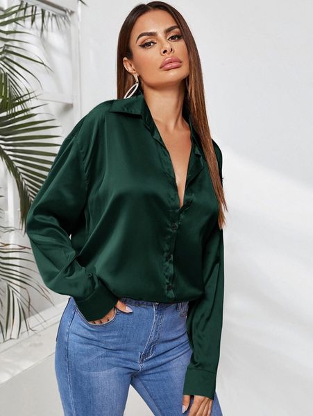 

solid button through satin blouse o0v5#, White