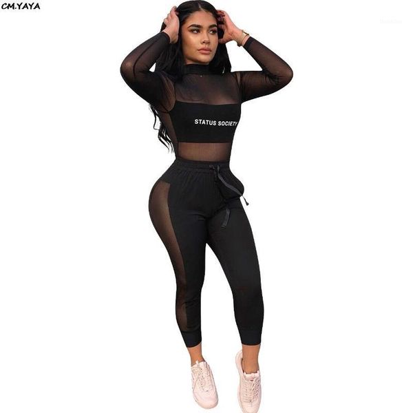 

women's two piece pants 2021 women spring long sleeve mesh patchwork letter print pencil set sporty tracksuit outfit overalls y80351, White