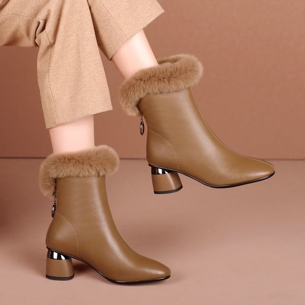 

2022 genuine leather women short bootswool fur shoes for wintersquare heelfashion female footwaremum favesblackbeigebrown, Black