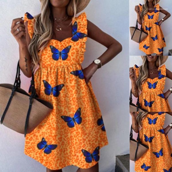 

dress casual women dresses summer women mini dress fashion cute butterfly pattern square neck sleeveless leopard, Black;gray