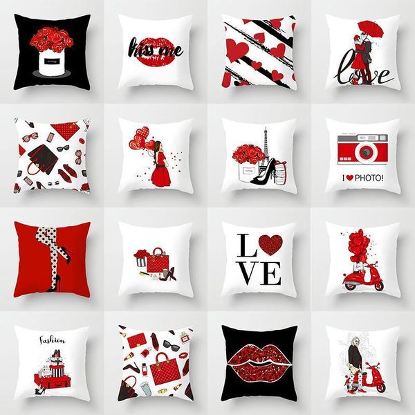 

red cartoon elegant lady cushion cover modern nordic fashion cosmetics perfume bags white pillowcase for lovers wedding decor1