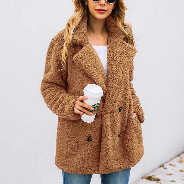 

jocoo jolee women elegant faux fur jackets female fashion double-breasted teddy coats warm soft overcoats plus size outwear q1219, Black