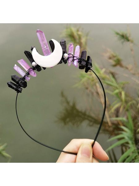 

hair accessories wedding bridal handmade jewelry headband tiara contrast color raw quartz crystal hoop witch moon star cosplay crown