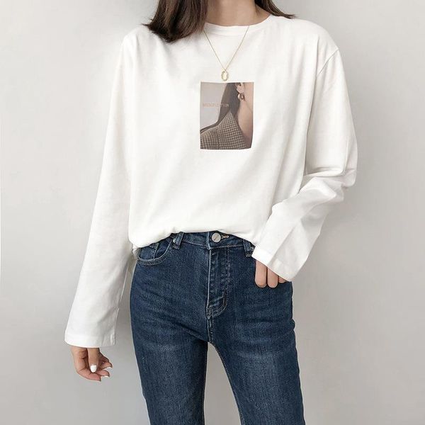 

vintage print long sleeve woman cotton t-shirt 2019 fashion loose casual autumn winter cotton pullovers drop shipping, White