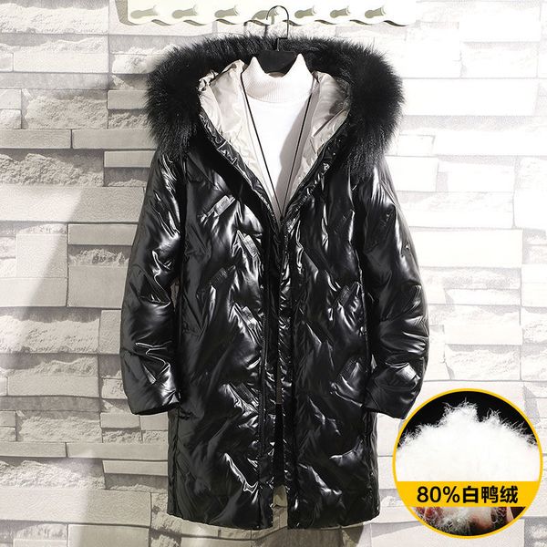 

winter duck down jacket men's warm fashiona casual fur collar hooded long parka men korean oversize coat mens overcoat, Black