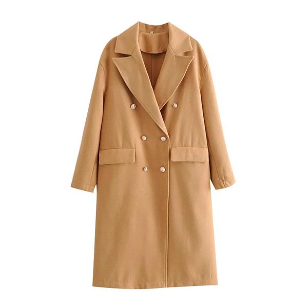 

women 2020 fashion double breasted loose woolen coat vintage long sleeve back vents female outerwear chic overcoat, Black