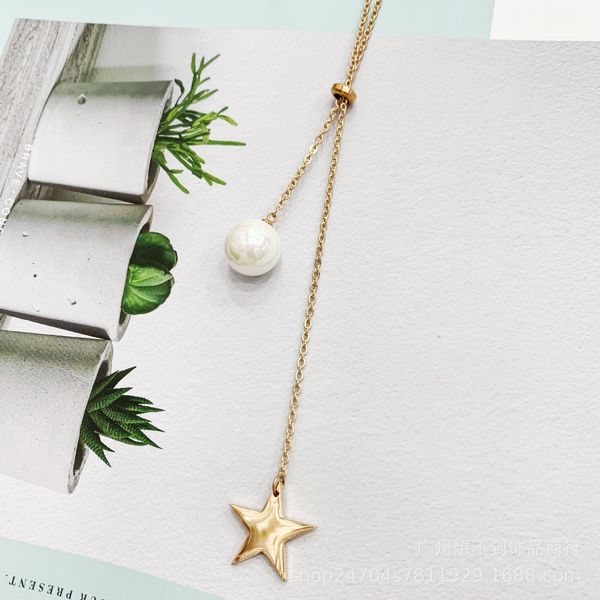 

ornamental temperament, five-pointed star pearl pendant, titanium sweater chain length is short and adjustable, Silver