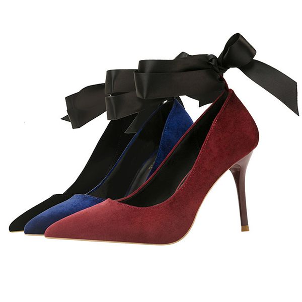 

women pumps toes wedding model shoes from flock spring stilettos women's pumps with a bow and a lace-up . ty-106, Black