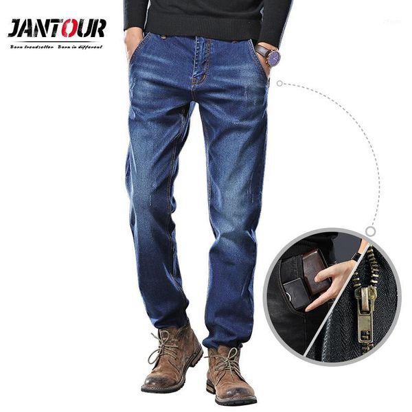

jantour 2019 new brand men's jeans fashion men pocket zipper casual slim straight stretch jean men big size 28-40 42 44 46 481, Blue
