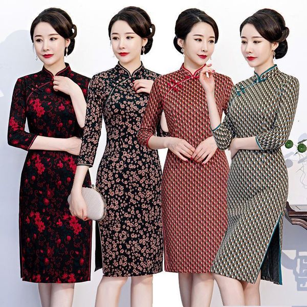 

oversize 4xl velour cheongsam modern knee length female chinese style qipao elegant traditional clothing dress1, Red