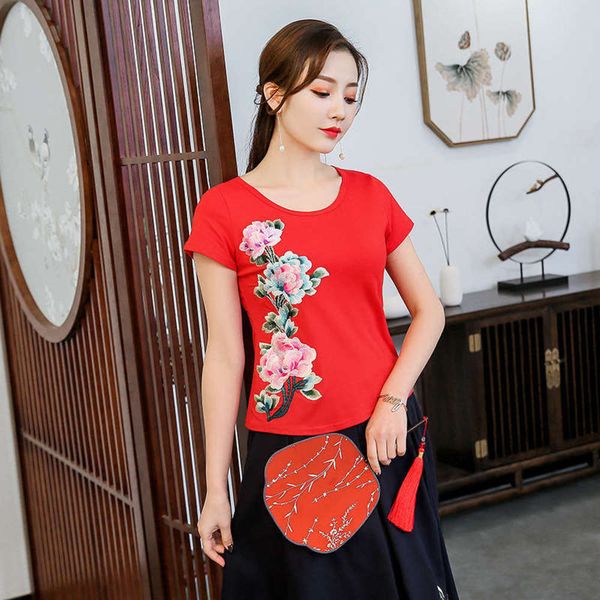 

spring / summer new women's 65962019 national style embroidered round neck short sleeve t-shirt top, Black;gray