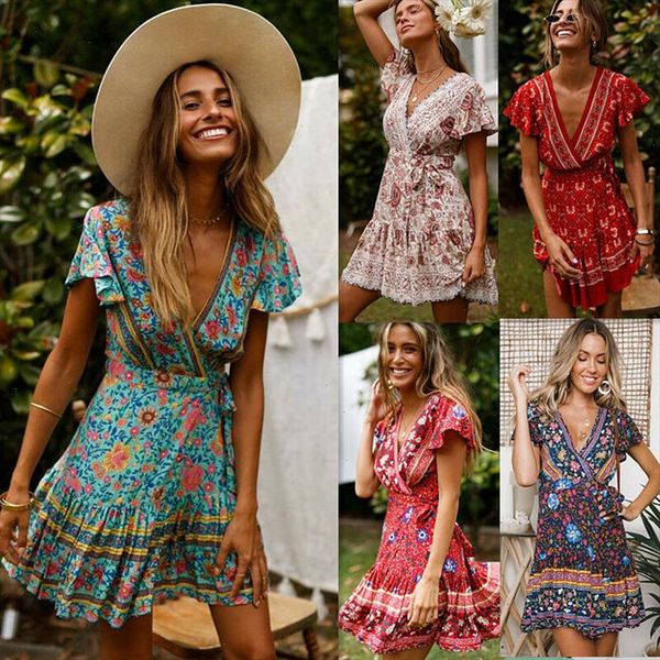 

vintage women short sleeve wrap boho floral mini dress ladies summer sundress holiday v neck short sleeve print dress, Black;gray