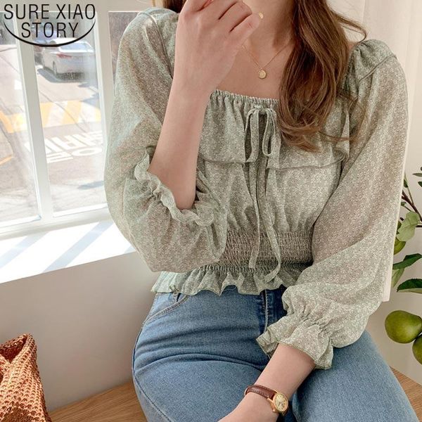 

sweet women blouse print chiffon shirt fashion puff sleeve summer thin clothes casual slash neck blouses femme blusas 10227, White