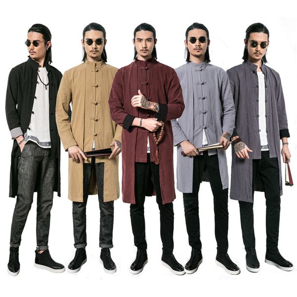 

spring new chinese style cotton hemp medium long sleeve windbreaker men's jacket, Tan;black
