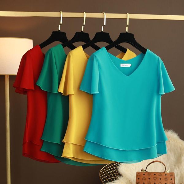

womens and blouses 2021 summer fashion brand v-neck solid color chiffon loose plus size casual women's clothing, White