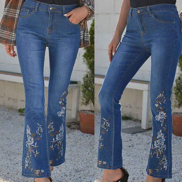 

special autumn and winter new elastic embroidery jeans women's slim micro trumpet pants 3519, Blue