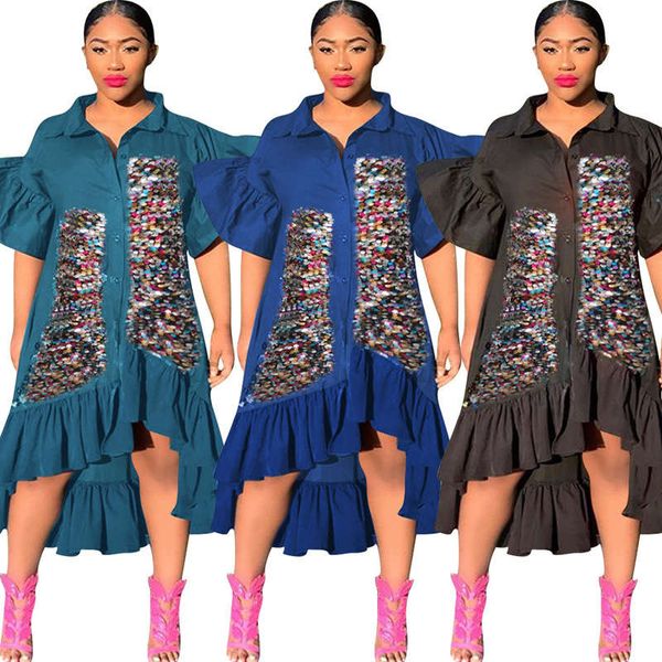 

summer new sequin f8277 dress front and back asymmetric ruffle skirt, Black;gray