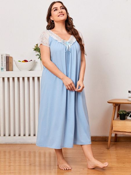 

plus v-neck lace yoke nightdress w8zs#, Black;white