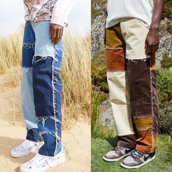

men wash splice fashion streetwear loose hip hop casual straight tassel patchwork jeans trousers male denim full length pants, Blue