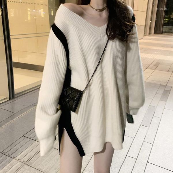 

autumn and winter japanese style soft wind loose and thin, versatile v-neck medium length knitted sweater women's wear1, White;black