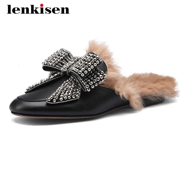 

lenkisen autumn winter genuine leather butterfly-knot outside slipper round toe low heel slip on daily wear warm shoes women l60, Black