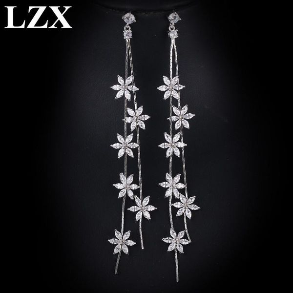 

lzx new long drop earrings crystal cz flower shape dangle earring for women white gold color creative jewelry boucle d'oreille, Silver