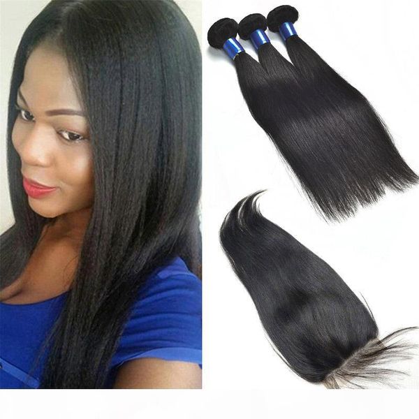 

brazilian virgin hair 3 bundles with 5x5 lace closure straight human hair extensions 4 pieces lot straight 5x5 lace closure with baby hair, Black;brown
