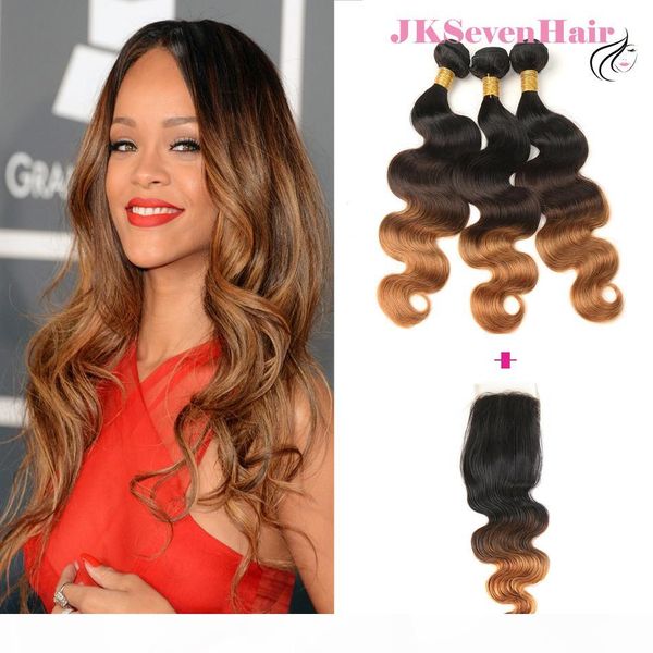 

ombre 1b 4 27 body wave virgin brazilian hair extensions 3pcs with closure dark root brown blonde malaysian human hair wefts, Black