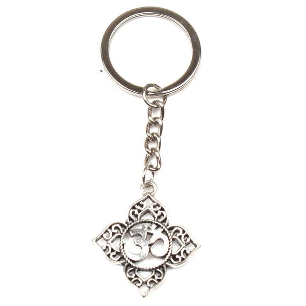 

keychains 1pcs filigree ohm om aum buddha lotus bronze pendant keychain buddhist yoga key chain gift souvenir, Silver