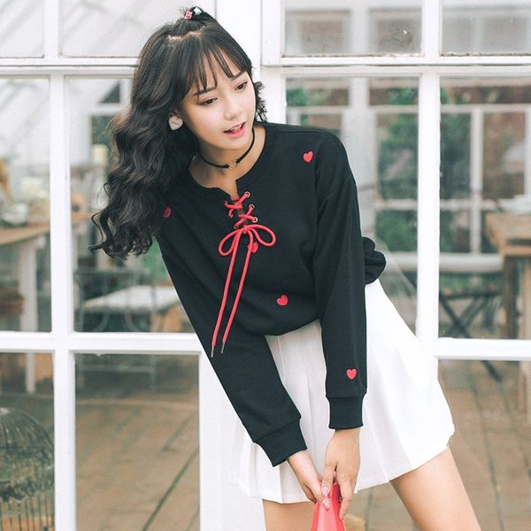 

women's tunic sweatshirt japan harajuku ulzzang love embroidery tie female korean kawaii svitssweatshirts for women t200407, Black