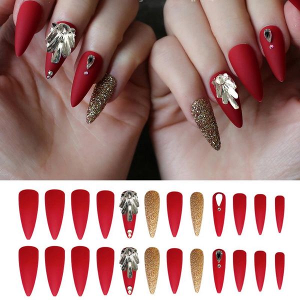 

24 pcs false nails with jelly glue matte stiletto long false nail glitter crystal red fake nails bling press on for women, Red;gold