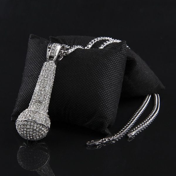 

mens iced out pendant necklace fashion microphone pendant hip hop necklace jewelry gold cuban chain necklace, Silver