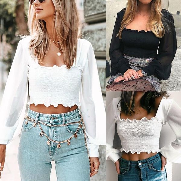 

vintage short lantern sleeve crop women square collar ruffle blouse, White