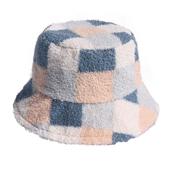 

womenÂ´s plaid print bucket plush hat winter cashmere fisherman hat packable cap warmer, Blue;gray